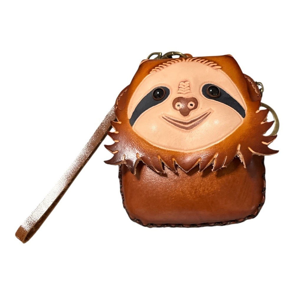 🦥 Genuine Leather Sloth Coin Purse | Brown Wristlet & Keychain - Picture 1 of 9
